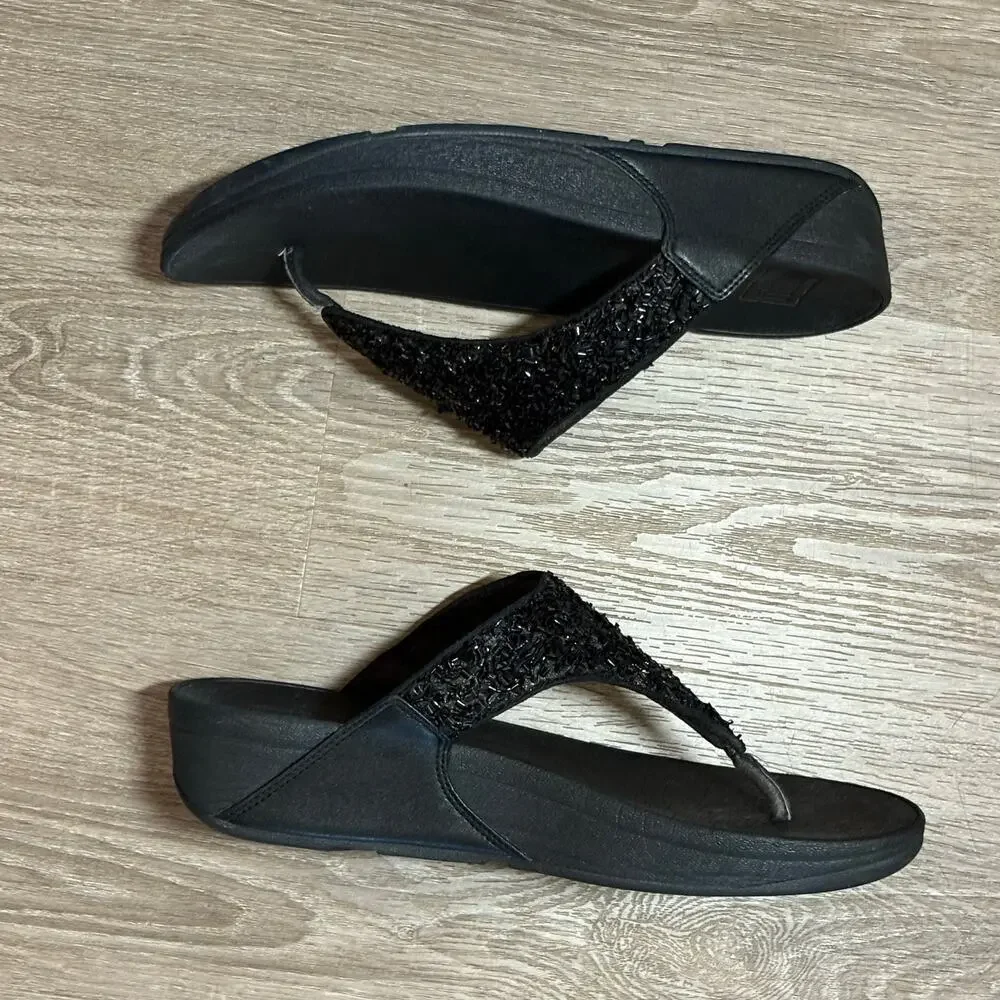 FitFlop Lulu CJ2-090 Black Shimmer Beaded Thong Sandals Size 9 EU 41​